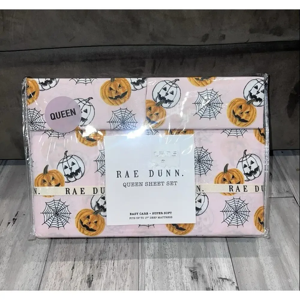 Rae Dunn Halloween Queen Sheet Set Pink With Jack O Lanterns Festive Spooky New